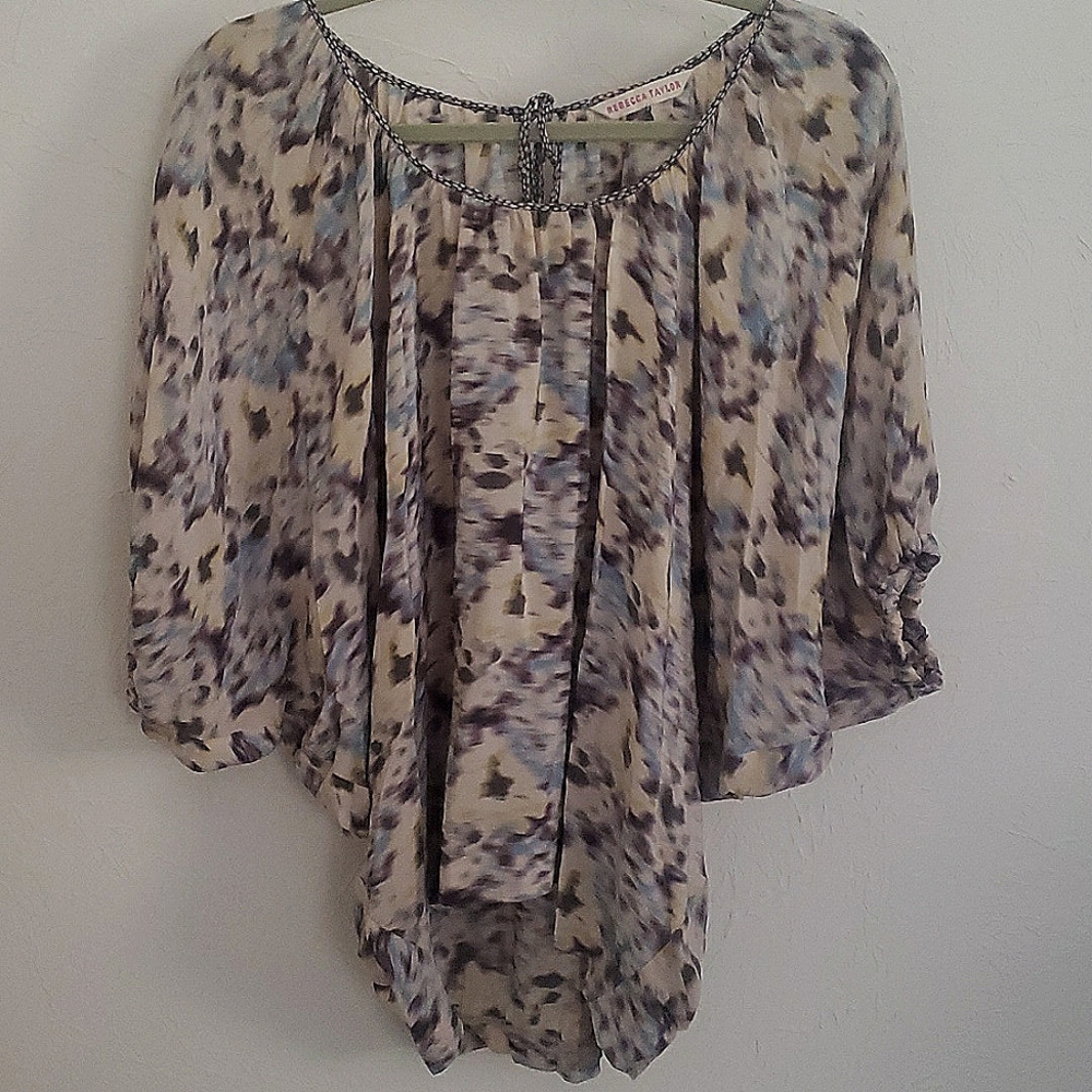 Rebecca Taylor Silk Pastel Floral Wide Tie neck Batwing- sleeve Blouse